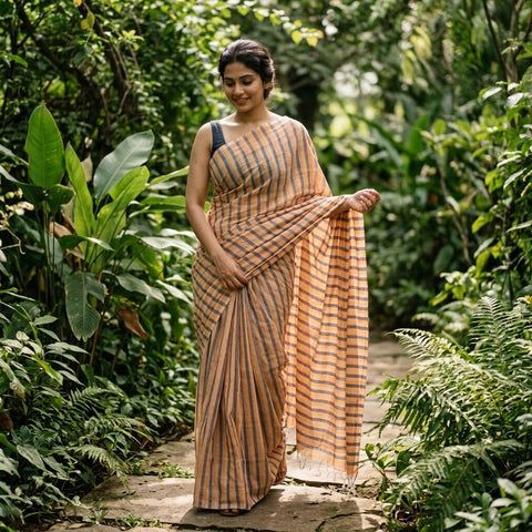 Self striped handloom cotton saree