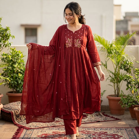 Maroon potli work cotton kurta pant set
