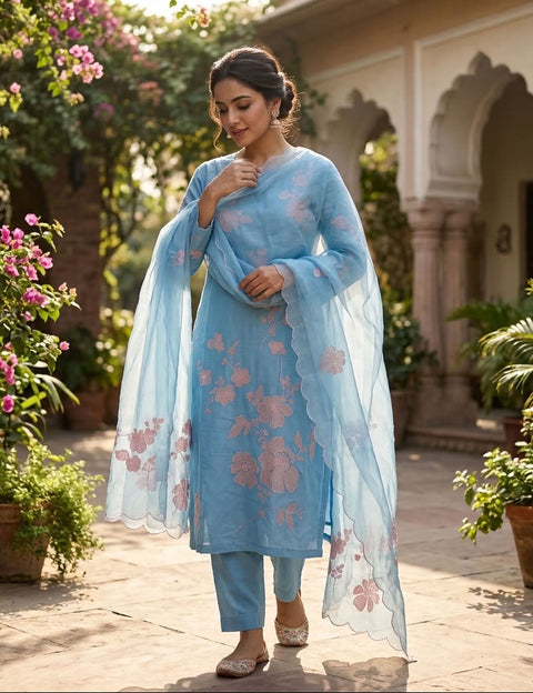 Pastel Blue Mul chanderi Ready suit set