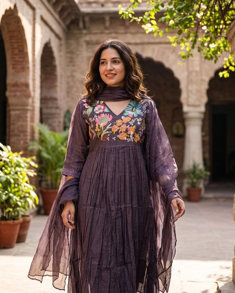 Hand emb mul chanderi Ready suit set - Mauve
