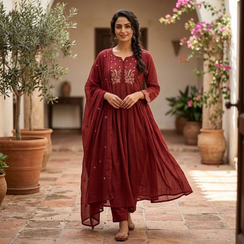 Maroon potli work cotton kurta pant set