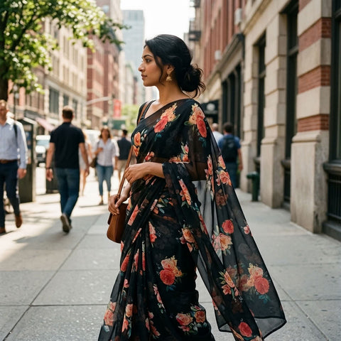 Floral printed georgette saree