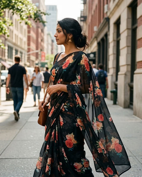 Floral printed georgette saree
