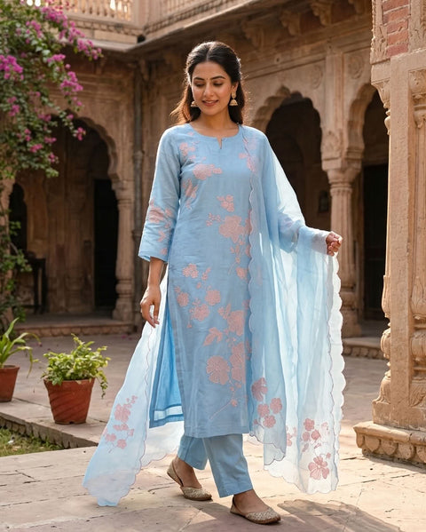 Pastel Blue Mul chanderi Ready suit set