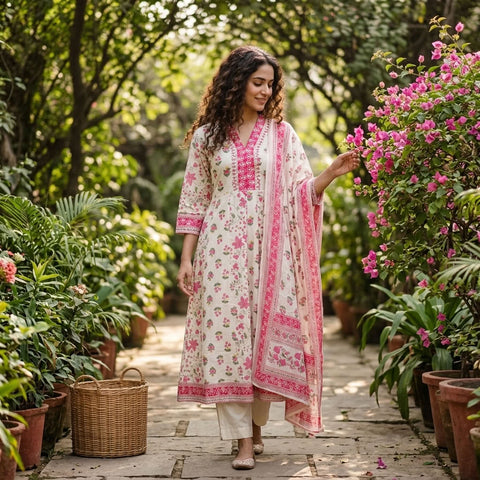 Floral Printed Pure Cotton V neck Kurta pant set