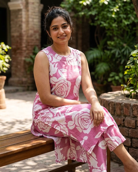Sleeveless Floral printed kurta pant - Pink