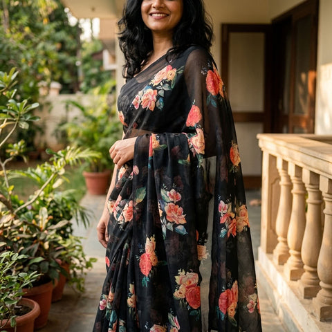 Floral printed georgette saree