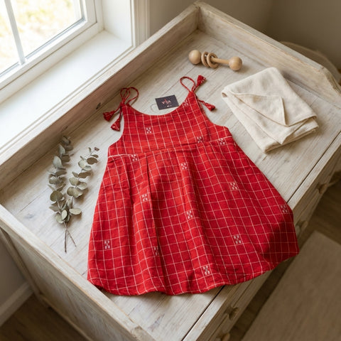 Red Checked Jamdani cotton kids frock