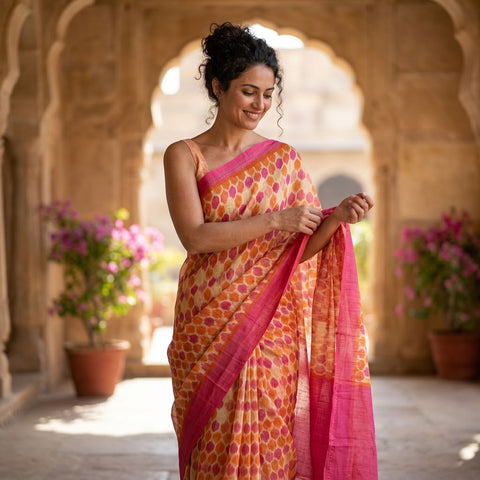 Printed silk Linen saree