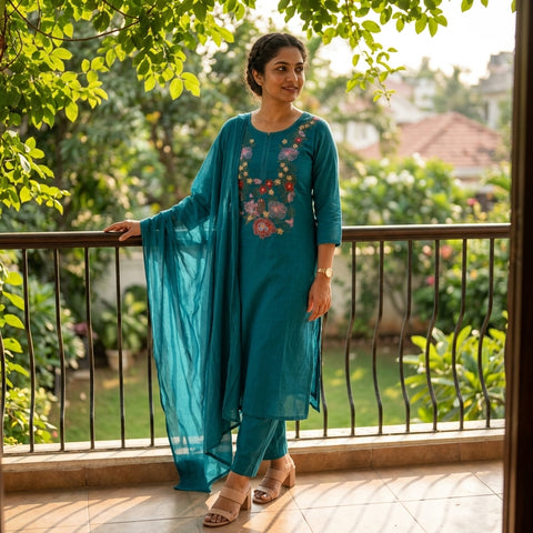 Neck emb pure cotton kurta pant set