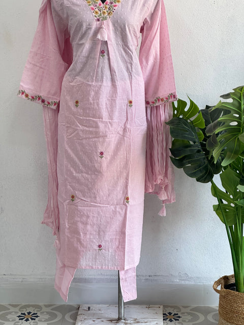 V neck emb dobby cotton suit set