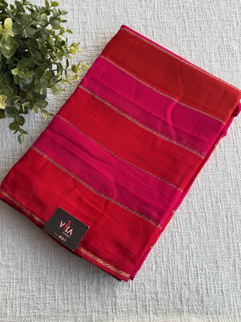 Pink and Red striped printed georgette saree