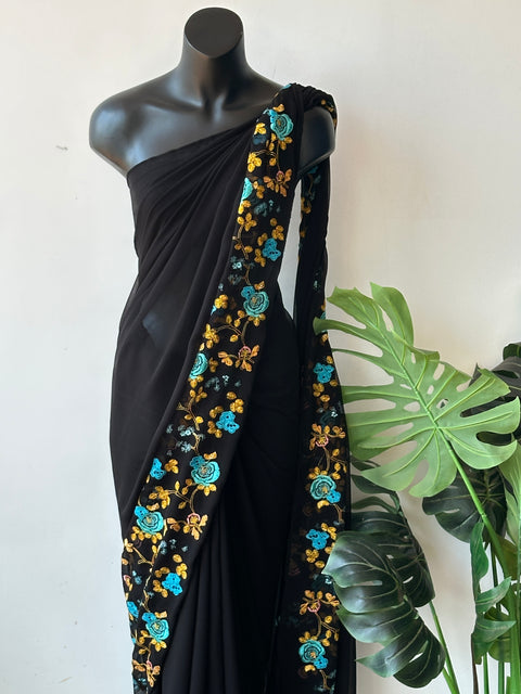 Floral emb Black georgette saree