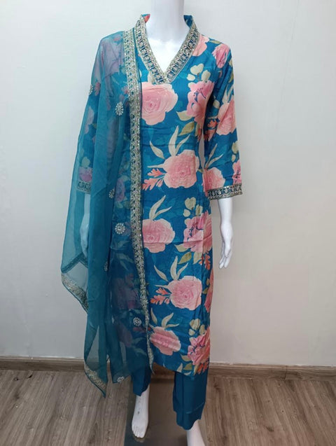 V neck printed muslin ready suit set