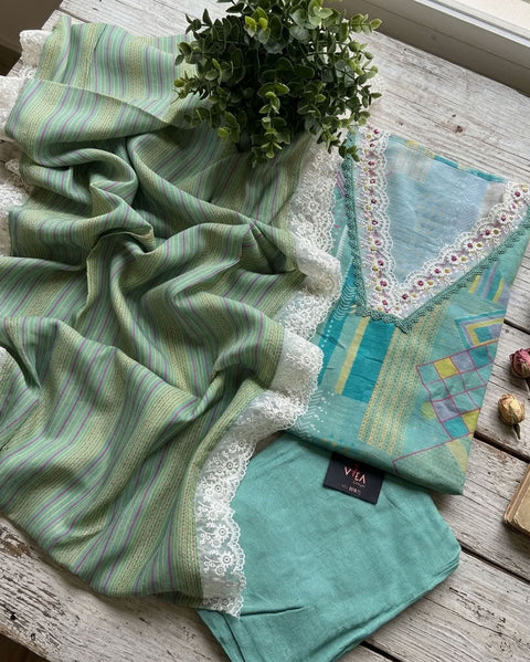 V neck printed muslin suit material