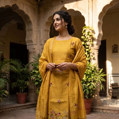 French knot hand emb silk linen set