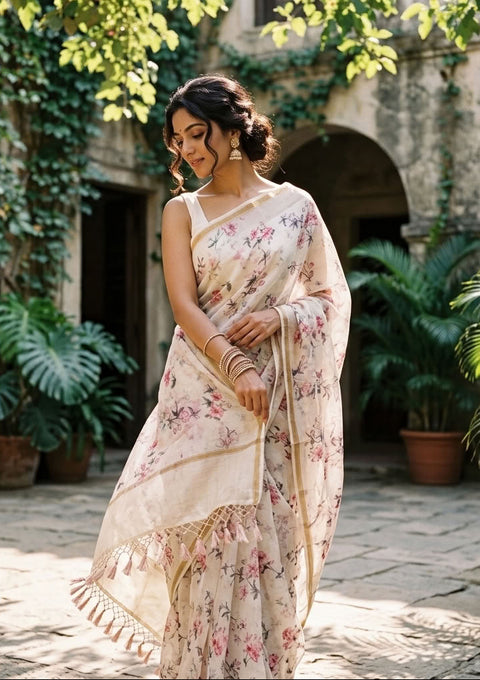 Off white Floral Printed pure munga silk saree
