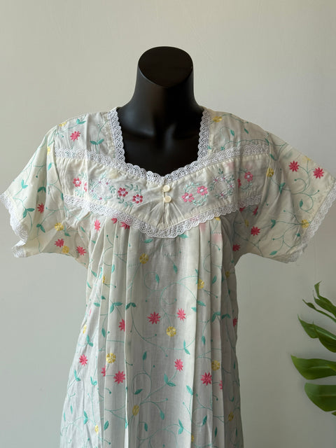 Light Yellow Poly Cotton Embroidery nighty