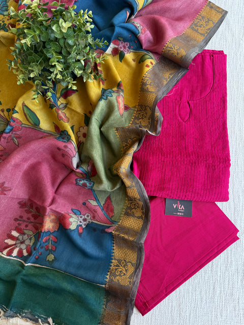 Silk cotton suit material with Pen kalamkari silk Dupatta