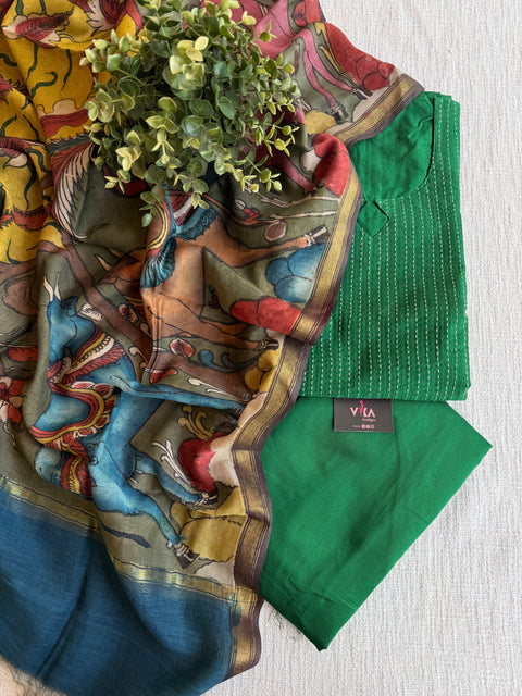 Silk cotton suit material with Pen kalamkari silk Dupatta