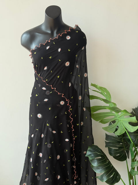 Black floral emb georgette saree