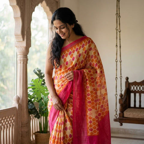 Printed silk Linen saree