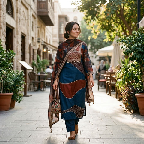 Ajrakh Printed Russian silk suit material
