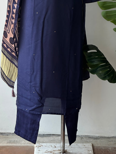 Navy blue russian silk kurti pant set