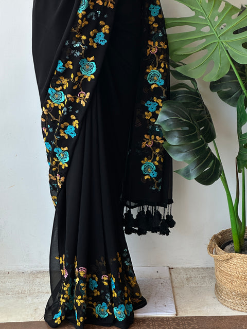 Floral emb Black georgette saree