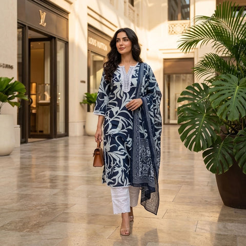 Navy blue & white Printed Kurta with Pant & Dupatta