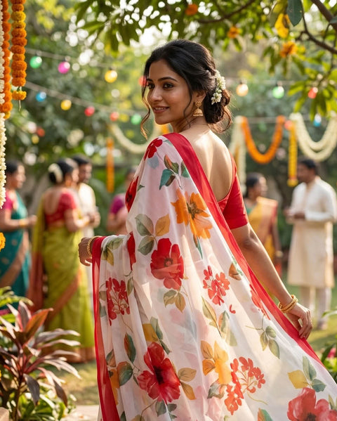 Floral printed georgette saree