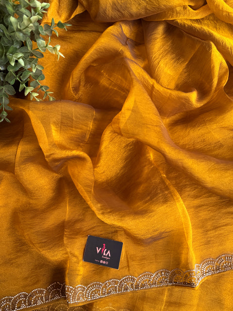 Golden tissue Designer plain saree with blouse