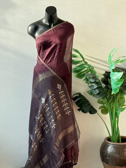 Brownish wine pure silk linen saree