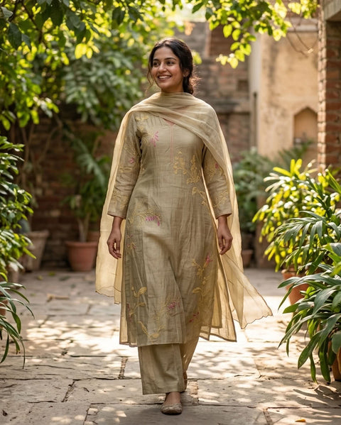 Beryl Green mul chanderi suit set