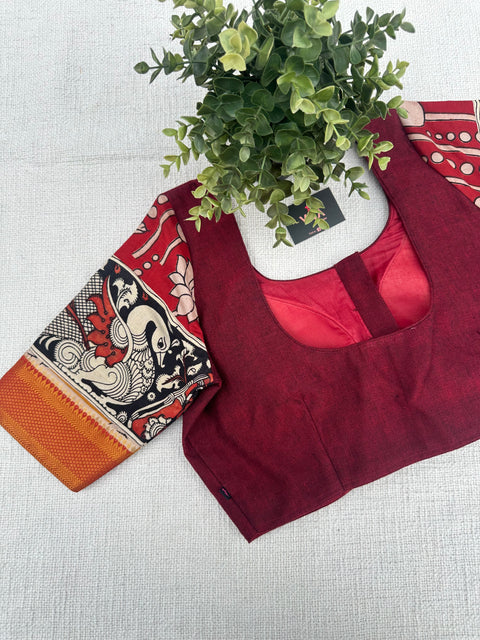 Pen kalamkari sleeves maroon blouse