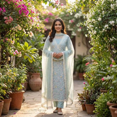 Light blue Emb Kota salwar suit material