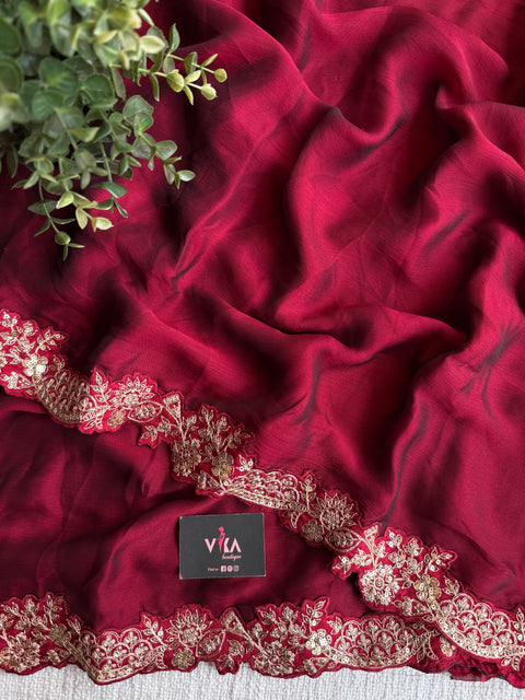 Burgandy Designer plain saree with blouse