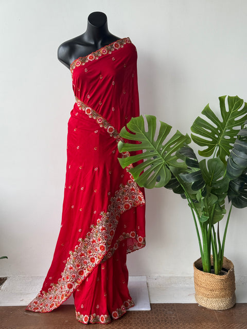 Red cut work emb vichitra saree