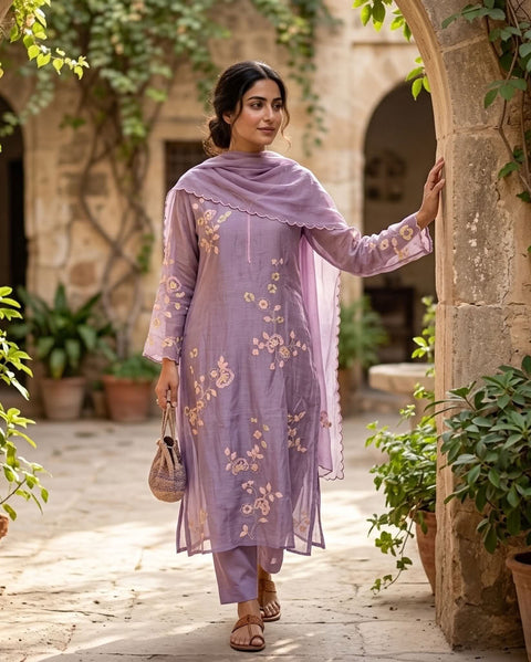 Lavender mul chanderi emb suit set