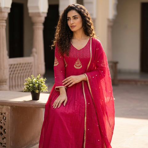 Hot pink mul chanderi silk suit set