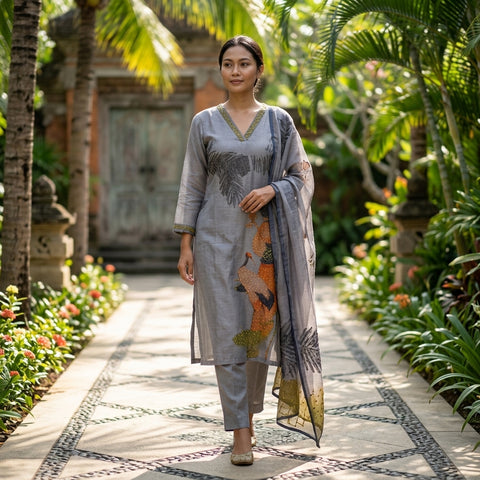 Grey linen cotton grey suit set
