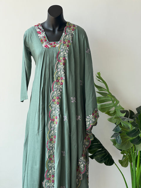 Sage green emb muslin kurti pant set