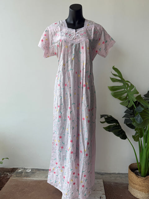 Light Pink Poly Cotton Embroidery nighty