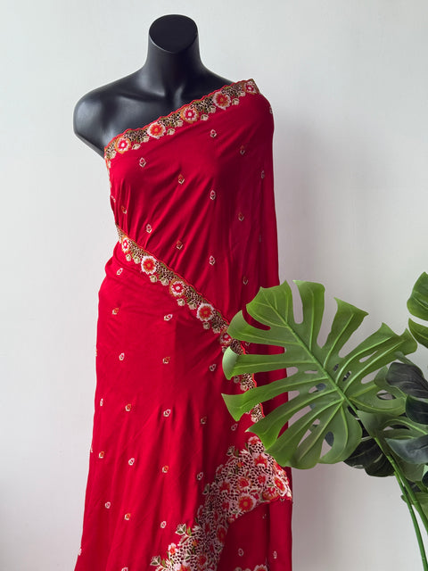 Red cut work emb vichitra saree