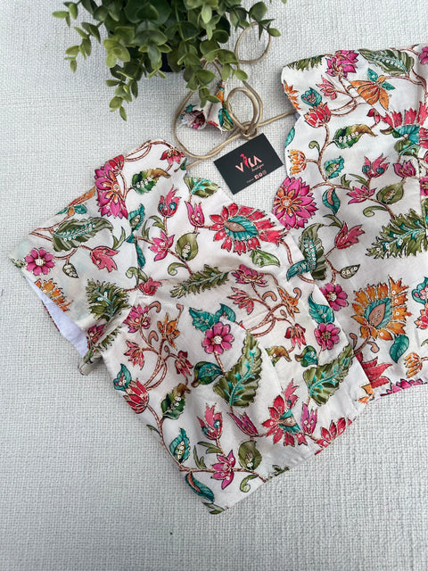 white colourful floral emb silk blouse