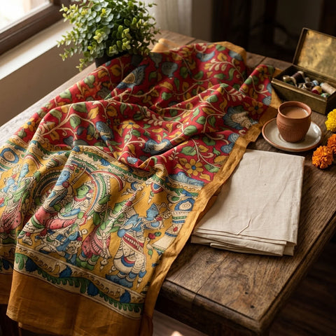 Plain Cotton Rayon top with kalamkari dupatta