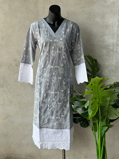 V neck emb pure cotton kurti