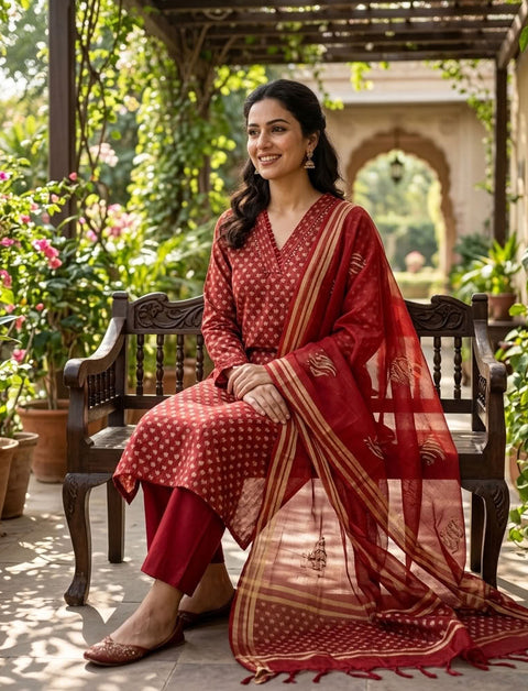 V neck printed kota cotton suit material