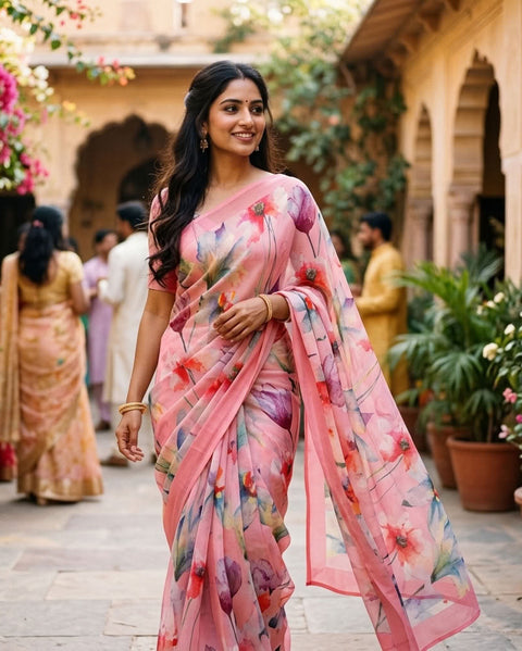 Floral printed georgette saree