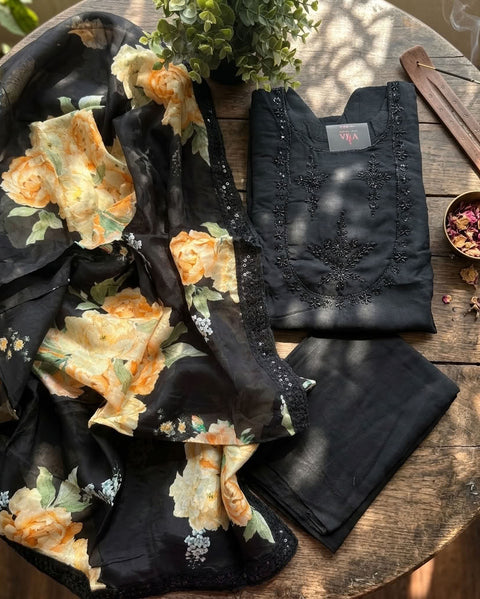 Black sequins muslin salwar material